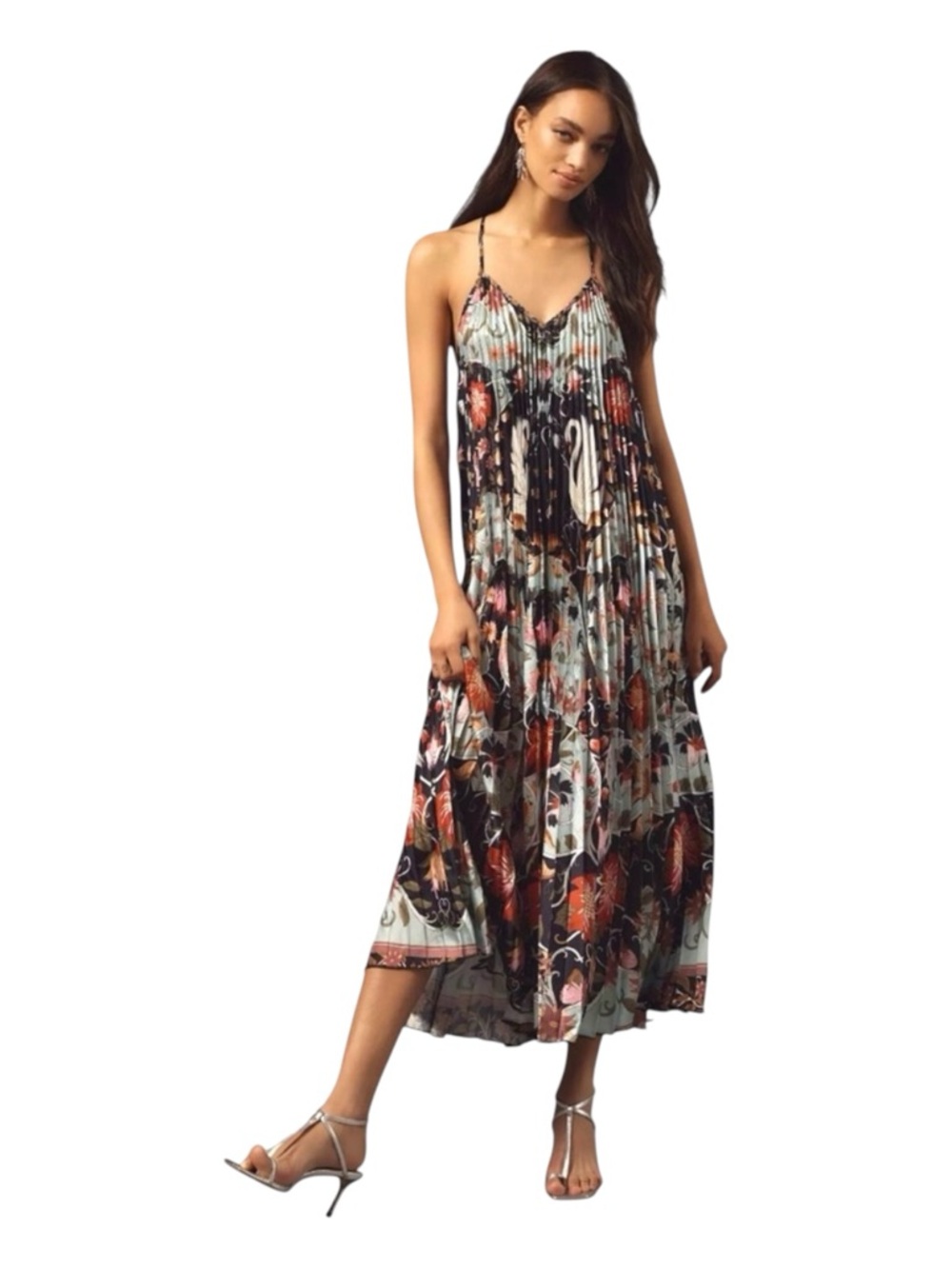 FARM RIO Flowing Beauty Blue Pleated Sleeveless Midi Dress, Size M.